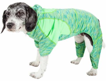 Pet Life Active 'Downward Dog' Heathered Performance 4-Way Stretch Two-Toned Full Body Warm Up Hoodie (Color: Green)