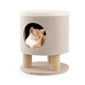 Cat Stool Bed with Scratching Posts and Plush Ball Toy (Color: Beige)